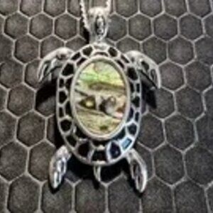 Turtle Necklace with Green Abalone Stones Black Underlay 18K White Gold Plated